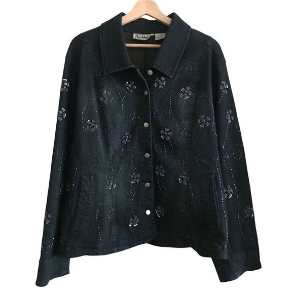 FLASHBACK Plus Size Denim Fitted Jacket Embellished Button Up - Picture 2 of 8